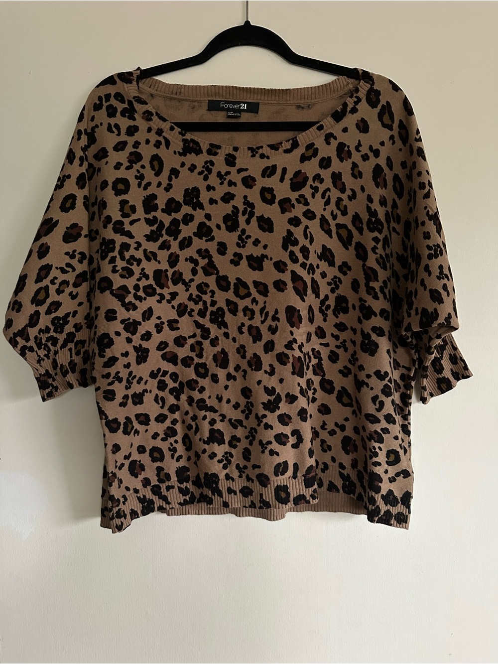 Forever 21 Tan and Black Leopard Print Short Sleeve Sweater Top
